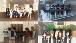  6+girls anime_screenshot bag blazer death_devil death_devil_bassist death_devil_drummer drum extra graduation guitar instrument jacket k-on! kawaguchi_norimi loose_socks mihoko_(k-on!) multiple_girls non-web_source sakuragaoka_high_school_uniform scarf school_bag school_uniform shoes skull socks sweater_vest uwabaki yamanaka_sawako 