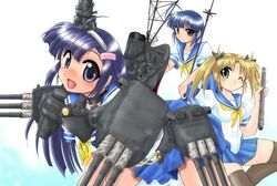  3girls ahoge anti-aircraft_gun autocannon battleship black_choker blonde_hair blue_hair blue_sailor_collar blue_skirt blush brown_eyes brown_thighhighs camera cannon choker collarbone commentary_request green_eyes hair_ornament hairclip haruna_(battleship) holding holding_camera holding_cannon koshigaya_tatsumi leaning_forward looking_at_viewer mecha_musume military military_vehicle multiple_girls nagato_(battleship) navy open_mouth original personification puffy_short_sleeves puffy_sleeves purple_eyes purple_hair range_finder rigging sailor_collar sakuramon school_uniform serafuku ship short_sleeves skindentation skirt smokestack thighhighs thighs turret warship watercraft yamato_(battleship) 