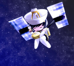  black_hair chibi closed_eyes commentary_request female hayabusa_(spacecraft) mecha_musume original personification photoshop_(medium) short_hair sleeping solo space spacecraft yume_shokunin 