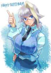  blonde_hair blue_eyes breasts commentary_request copyright_request female glasses happy_birthday iwaya large_breasts multicolored_hair necktie photoshop_(medium) pixiv_mahou_gakuen silver_hair solo 