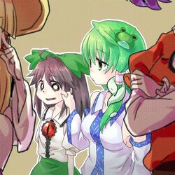  4girls cheek_pinching commentary_request green_hair kochiya_sanae mafuyu_hemp moriya_suwako multiple_girls pinching reiuji_utsuho ribbon touhou yasaka_kanako 