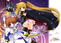  2girls bad_id bad_pixiv_id bardiche_(axe_form)_(nanoha) bardiche_(nanoha) blonde_hair blue_eyes brown_eyes brown_hair fate_testarossa fate_testarossa_(movie_1st_form) gloves hair_ribbon holding_hands kirihara_natsuki long_hair lyrical_nanoha mahou_shoujo_lyrical_nanoha mahou_shoujo_lyrical_nanoha_the_movie_1st multiple_girls photoshop_(medium) raising_heart raising_heart_(cannon_mode) ribbon takamachi_nanoha takamachi_nanoha_(movie_1st_mode) thighhighs twintails very_long_hair weapon 