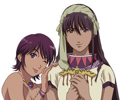  2girls ;p brown_eyes dark-skinned_female dark_skin highres long_hair macross macross_zero mao_nome multiple_girls official_art one_eye_closed photoshop_(medium) production_art purple_eyes purple_hair sara_nome short_hair simple_background tongue tongue_out 