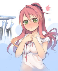  ^^^ arima_kanae black_panties blush clothesline female green_eyes kashiwamochi_yomogi long_hair original own_hands_together panties parted_lips photoshop_(medium) pink_hair red_hair solo underwear 