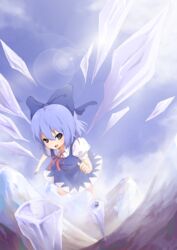  bad_id bad_pixiv_id blue_eyes blue_hair bow cirno female hairbow ice lens_flare mountain open_mouth outdoors perspective short_hair smile solo standing standing_on_one_leg touhou wings zhao_shuwen 