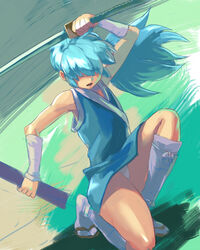  1boy blue_hair commentary_request copyright_request ganbare_goemon hair_over_eyes iwaya katana long_hair male_focus panties photoshop_(medium) sheath solo sword underwear weapon 