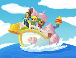  2boys beard black_hair blonde_hair boat ciela commentary_request day facial_hair fairy female grin hat linebeck link moustache multiple_boys ocean photoshop_(medium) pointy_ears rashu scarf sky smile tetra the_legend_of_zelda the_legend_of_zelda:_phantom_hourglass toon_link watercraft 