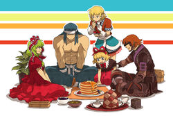  2boys 3girls commentary_request emu_(losspass) food fruit fu-ha_jin kagiyama_hina kitanai_ninja md5_mismatch medicine_melancholy mizuhashi_parsee multiple_boys multiple_girls pancake ryuuko_no_ken sitting strawberry the_iron_of_yin_and_yang touhou 