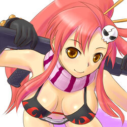  adder bare_shoulders bikini bikini_top_only black_bikini breasts commentary_request female gloves gun hair_ornament hairclip hairpin large_breasts long_hair pink_hair scarf short_shorts shorts skull_hair_ornament solo striped_clothes striped_scarf swimsuit tengen_toppa_gurren_lagann weapon yoko_littner 