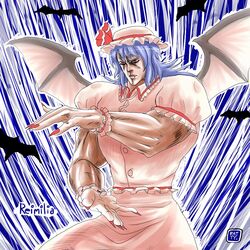  1boy bat_wings fangs hara_tetsuo_(style) hokuto_no_ken male_focus muscular parody patty_(artist) photoshop_(medium) rei_(hokuto_no_ken) remilia_scarlet solo style_parody touhou wings 