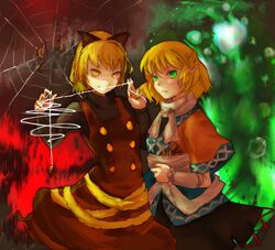  2girls arm_warmers bad_id bad_pixiv_id blonde_hair bow bug chianti green_eyes hairbow kurodani_yamame mizuhashi_parsee multiple_girls pointy_ears scarf short_hair spider touhou 