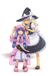  2girls apron bad_id bad_pixiv_id blonde_hair book braid buttons closed_eyes crescent crescent_hat_ornament dress grin hair_ribbon hat hat_ornament kirisame_marisa multiple_girls no_socks patchouli_knowledge purple_eyes purple_hair ribbon shoes sitting smile standing touhou wait8 witch_hat 