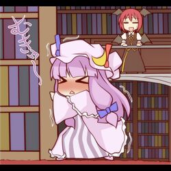  &gt;_&lt; 2girls :&lt; :d =_= blush chibi closed_eyes commentary_request koakuma library mukyuu multiple_girls netachou open_mouth patchouli_knowledge purple_hair red_hair smile touhou voile 