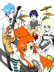  2boys 2girls ann606 commentary_request cosplay don&#039;t_say_&quot;lazy&quot; drum guitar instrument k-on! kamina_(ttgl) microphone multiple_boys multiple_girls nia_teppelin parody red_hair simon_(ttgl) tegaki tengen_toppa_gurren_lagann yoko_littner 