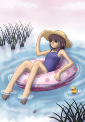  absurdres afloat bad_feet barefoot brown_eyes brown_hair commentary_request feet female fog frog frown grass hand_on_headwear hat highres innertube mizukurage_(mamenyan) one-piece_swimsuit original partially_submerged photoshop_(medium) reeds rubber_duck school_swimsuit short_hair solo straw_hat swim_ring swimsuit water 