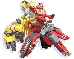  2girls blonde_hair breasts brown_hair cosmic_break crimrose large_breasts mecha_musume multiple_girls red_eyes rei_(cosmic_break) thighhighs wakaba_sprout yellow_eyes 