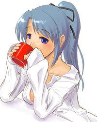  adder blue_eyes blue_hair bow coffee commentary_request cup dress_shirt drinking female hairbow long_hair mug open_clothes open_shirt original oversized_clothes ponytail shirt solo 