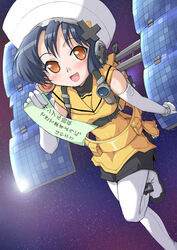  bioroid_hei blouse blue_hair blush boots commentary_request elbow_gloves female flashlight gloves hair_ornament hat hayabusa_(spacecraft) headphones mecha_musume original personification shirt short_hair shorts solo space spacecraft tanabata tanzaku translated watch wristwatch yellow_eyes 