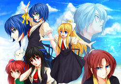  1boy 6+girls air_(visual_novel) bad_id bad_pixiv_id canine kamio_haruko kamio_misuzu kirishima_hijiri kirishima_kano kunisaki_yukito michiru_(air) multiple_girls outstretched_arms potato_(air) ryuushou school_uniform spread_arms toono_minagi 