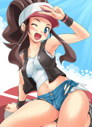  :d arm_support armpits bad_id bad_pixiv_id baseball_cap blue_eyes blue_shorts blush breasts brown_hair cutoffs denim denim_shorts endou_masatoshi exposed_pocket female happy hat highres hilda_(pokemon) kneeling medium_breasts midriff navel no_panties one_eye_closed open_mouth pokemon pokemon_bw ponytail short_shorts shorts smile solo tank_top thighs v vest wristband 