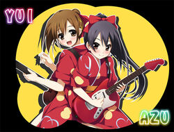  2girls alternate_hairstyle back-to-back bad_id bad_pixiv_id black_hair brown_eyes brown_hair group_name guitar hirasawa_yui hitoguchi_(hioxhio) instrument japanese_clothes k-on! kimono long_hair multiple_girls nakano_azusa ponytail short_hair tasuki yuiazu_(unit) yukata 