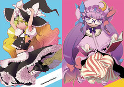  2girls bespectacled blonde_hair book broom broom_riding buttons capelet colored_eyelashes commentary_request crescent crescent_hat_ornament english_text engrish_text eyelashes frills glasses hand_on_headwear hat hat_ornament kirisame_marisa long_hair multiple_girls no_nose noromi patchouli_knowledge petticoat purple_hair ranguage symbol-shaped_pupils touhou witch_hat 