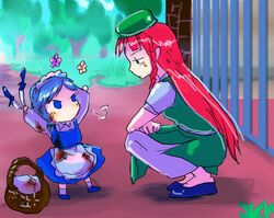  2girls aged_down angry apron bad_id bad_pixiv_id basket blue_eyes blue_hair chianti chibi china_dress chinese_clothes dirty dirty_clothes dirty_face dress flower gate green_hat hat hong_meiling izayoi_sakuya knife lolicon long_hair maid_headdress multiple_girls puff_of_air red_hair sweat sweatdrop touhou 