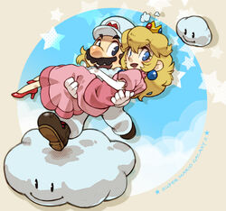  1boy alternate_costume bad_id bad_pixiv_id blonde_hair blue_eyes brown_hair carrying cloud cloud_mario crown dress earrings elbow_gloves facial_hair female gloves hat jewelry long_hair mario mario_(series) moustache naco24 overalls photoshop_(medium) pink_dress princess_carry princess_peach smile sphere_earrings star_(symbol) 