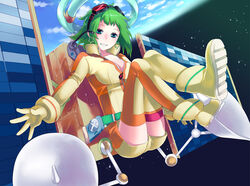  boots commentary_request cosplay earrings earth_(planet) female floating goggles goggles_on_head green_eyes green_hair gumi jewelry mekonu_(mknn) planet satellite short_hair smile solo space thighhighs vocaloid 