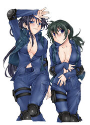  2girls anti-skill blue_hair breasts cleavage commentary_request elbow_pads glasses green_eyes green_hair katase_minami knee_pads large_breasts long_hair medium_breasts multiple_girls navel open_clothes open_shirt police police_uniform policewoman purple_eyes shirt tessou_tsuzuri toaru_kagaku_no_railgun toaru_majutsu_no_index uniform vest yomikawa_aiho 