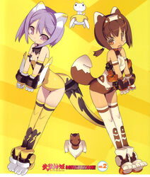  2girls animal_hands blade_(galaxist) brown_eyes brown_hair busou_shinki doll_joints facial_mark gloves joints leotard mecha_musume multiple_girls partio paw_gloves paw_shoes photoshop_(medium) pomock purple_eyes purple_hair robot_ears shoes tail thighhighs yellow_leotard 