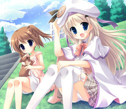  2girls :d arizuki_shiina bat_hair_ornament blonde_hair blue_eyes blush brown_hair canine cape commentary_request hair_ornament hat kud_wafter little_busters! multiple_girls noumi_kudryavka oerba_yun_fang open_mouth panties pantyshot photoshop_(medium) purple_eyes school_uniform skirt smile thighhighs twintails underwear white_panties yukie_(peach_candy) 