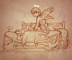  aaru_sentou_shuudan angel bad_link bare_shoulders car female haibane_renmei halo jumpsuit kana_(haibane) line_art monochrome motor_vehicle orange_theme race_vehicle racecar sitting solo undressing wings 