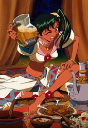  alcohol boned_meat breasts bromide cleavage crop_top dark-skinned_female dark_skin female food green_hair jean_(lunar) jewelry long_hair lunar lunar_2:_eternal_blue meat medium_breasts midriff navel official_art one_eye_closed ponytail smile solo 