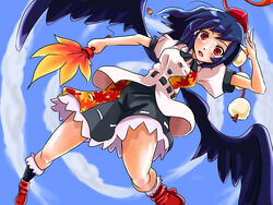  black_hair black_wings blush commentary_request female foreshortening geta hand_fan hat hauchiwa highres looking_at_viewer midair open_mouth red_eyes shameimaru_aya short_hair solo sora-bozu surprised tengu-geta tokin_hat touhou wings 