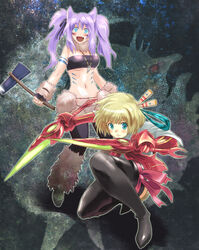  2girls animal_ears axe blonde_hair blue_eyes blush bodypaint commentary_request copyright_request dog_ears hair_ornament hatchet_(axe) iwaya jewelry multiple_girls navel necklace oerba_yun_fang open_mouth photoshop_(medium) pixiv_frontier purple_hair sword twintails weapon 