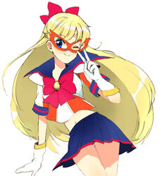  aino_minako bishoujo_senshi_sailor_moon blonde_hair blue_eyes blue_sailor_collar blue_skirt bow butadon codename_wa_sailor_v commentary_request cowboy_shot crescent crescent_facial_mark facial_mark female gloves hairbow half_updo long_hair lowres magical_girl mask midriff navel one_eye_closed pleated_skirt red_bow sailor_collar sailor_senshi_uniform sailor_v shoulder_pads skirt smile solo v very_long_hair white_background white_gloves 