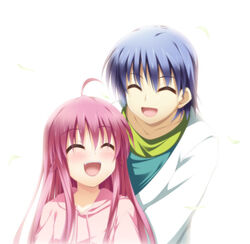  1boy :d ahoge angel_beats! bad_id bad_pixiv_id blue_hair closed_eyes female hinata_hideki hitoguchi_(hioxhio) long_hair open_mouth pink_hair short_hair simple_background smile yui_(angel_beats!) 