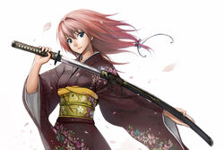  blue_eyes copyright_request female japanese_clothes katana kimono kurojishi photoshop_(medium) red_hair sheath solo sword unsheathing weapon 