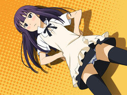  apron bad_id bad_pixiv_id black_thighhighs blue_eyes blunt_bangs blush dutch_angle female from_below hands_on_own_hips long_hair panties pantyshot purple_hair rutarou skirt solo spread_legs standing striped_clothes striped_panties thighhighs underwear upskirt waitress working!! yamada_aoi 