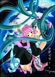  aqua_eyes aqua_hair blush capsule commentary_request detached_sleeves earth_(planet) female hasutsuki_tooru hatsune_miku heart long_hair megurine_luka necktie one_eye_closed panties petite_miku photoshop_(medium) planet sitting skirt smile space striped_clothes striped_panties takoluka thighhighs twintails underwear very_long_hair vocaloid 