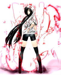  arugeri ass bike_shorts black_hair black_thighhighs borrowed_character character_request commentary_request female hair_over_one_eye hood long_hair looking_back original photoshop_(medium) red_eyes solo thighhighs very_long_hair wrist_cuffs 