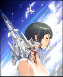  aircraft airplane cigarette commentary_request female kusanagi_suito military military_vehicle photoshop_(medium) profile realistic sanka_(sky_crawlers) short_hair sky smoking solo the_sky_crawlers ukatsu_juuzou vehicle_focus 