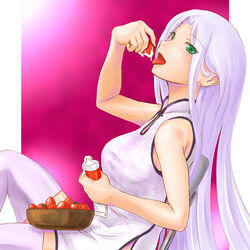  adder bare_shoulders bowl china_dress chinese_clothes commentary_request dress eating female food fruit green_eyes holding holding_food holding_fruit leaning light_purple_hair long_hair original sitting sleeveless solo strawberry thighhighs tongue very_long_hair white_thighhighs zettai_ryouiki 