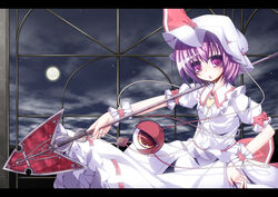  commentary_request cosplay eyeball female futase_hijiri hat komeiji_satori letterboxed polearm purple_eyes purple_hair remilia_scarlet remilia_scarlet_(cosplay) short_hair solo spear third_eye touhou weapon 