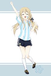  2010 2010_fifa_world_cup ^_^ alternate_hairstyle argentina arm_up asociacion_de_futbol_argentina black_shorts blonde_hair blush cleats clenched_hands closed_eyes commentary_request emblem facepaint female food full_body hair_between_eyes highres k-on! kneehighs knees_together_feet_apart kotobuki_tsumugi long_hair low_twintails md5_mismatch open_mouth outstretched_arm raised_fist resolution_mismatch rokujou_jun shirt short_sleeves shorts soccer_uniform socks solo source_larger sportswear striped_clothes striped_shirt takuan thick_eyebrows twintails vertical-striped_clothes vertical-striped_shirt white_socks world_cup 