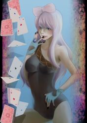  absurdres asymmetrical_clothes bare_shoulders blue_eyes bow breasts card commentary_request female fingerless_gloves gloves hairbow highres jewelry june_rainydays lady_gaga_(copyright) large_breasts leotard long_hair megurine_luka nail_polish pink_hair ring solo vocaloid 