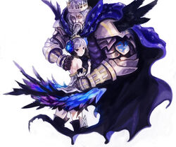  1boy armor armored_dress bare_shoulders beard black_gloves boots cape choker commentary_request crown detached_sleeves dress facial_hair father_and_daughter female flower gauntlets gloves grey_hair gwendolyn_(odin_sphere) hair_flower hair_ornament hat highres hug jewelry nd odin_(odin_sphere) odin_sphere photoshop_(medium) purple_eyes red_eyes short_hair size_difference strapless strapless_dress thigh_boots thighhighs wings 