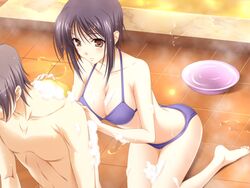  1boy arima_teppei barefoot bath bathing bikini blue_bikini blue_hair blush breasts brown_eyes cleavage dutch_angle female fujikura_yuu game_cg grey_hair hand_on_another&#039;s_back holding indoors kneeling komori_kei large_breasts leaning_forward light_smile looking_at_another mixed-sex_bathing princess_lover resized shared_bathing short_hair sideboob sidelocks smile soap soap_bubbles sponge steam swimsuit thigh_gap tile_floor tiles toned topless_male upscaled washbowl washing_back water wet wet_hair 