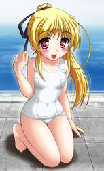  barefoot blonde_hair commentary_request cynthia_marguerite female kneeling long_hair neopure one-piece_swimsuit photoshop_(medium) ponytail pool poolside red_eyes school_swimsuit solo swimsuit water white_one-piece_swimsuit yoake_mae_yori_ruri_iro_na 